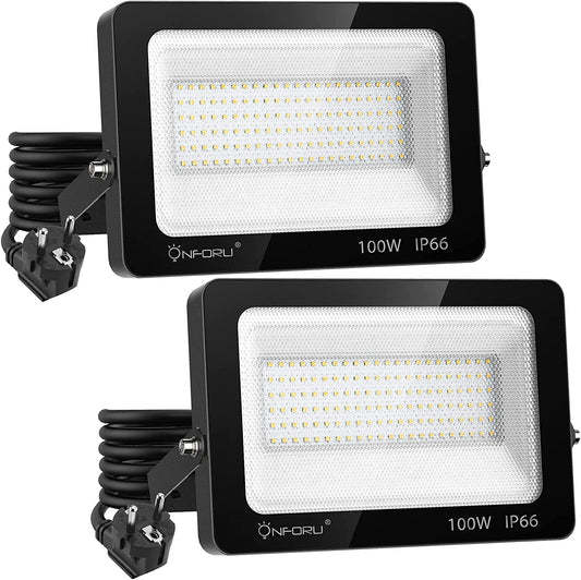 Onforu 100W LED 8900lm Super Bright Plug in LED Security Lights, 6500K Work Light, IP66 Waterproof Cool White Wall Lights, Exterior Flood Light for Garage, Yard, Stadium