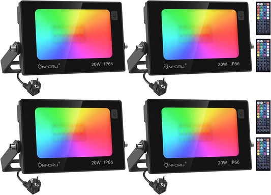 Onforu 4 Pack 20W RGB Floodlights, Outdoor Floodlight with Remote Control, Dimmable IP66 Waterproof Colour Changing Light for Stage, Garden, Christmas