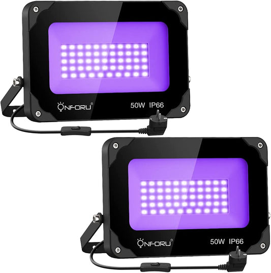 Onforu 2 Pack 50W UV LED Black Light, UV Floodlight with Plug, IP66 Waterproof Outdoor Ultraviolet Blacklight for Dance Party, Stage Lighting, Glow in The Dark, Fluorescent Poster, Neon Glow