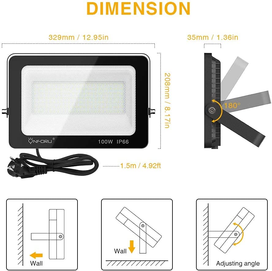 Onforu 100W LED 8900lm Super Bright Plug in LED Security Lights, 6500K Work Light, IP66 Waterproof Cool White Wall Lights, Exterior Flood Light for Garage, Yard, Stadium