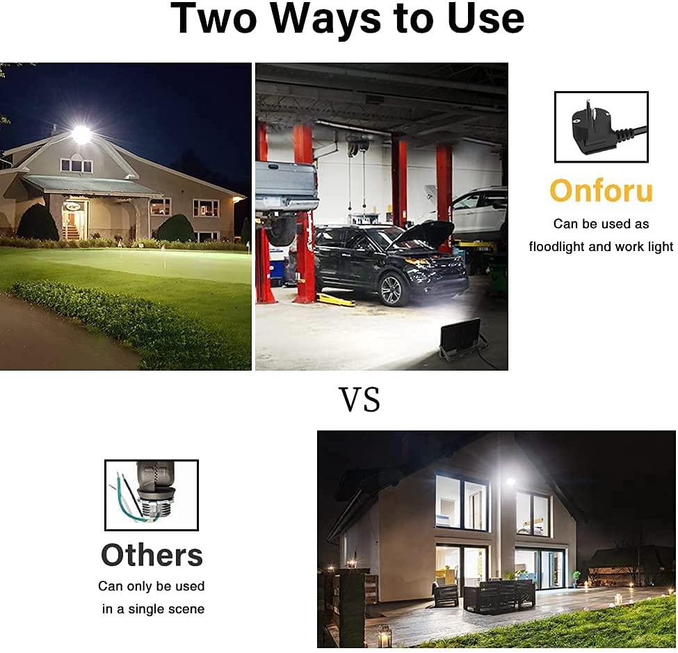 Onforu 100W LED 8900lm Super Bright Plug in LED Security Lights, 6500K Work Light, IP66 Waterproof Cool White Wall Lights, Exterior Flood Light for Garage, Yard, Stadium